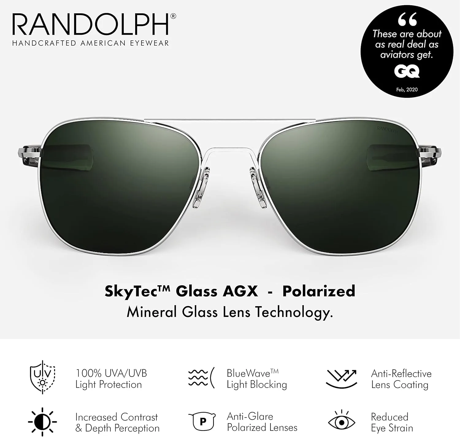 Randolph USA | Bright Chrome Classic Aviator Sunglasses for Men or Women 100% UV