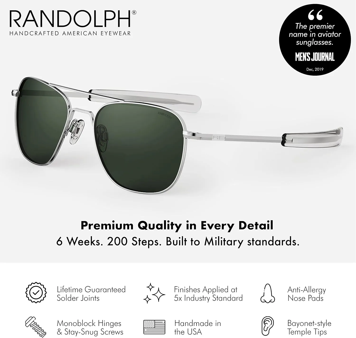 Randolph USA | Bright Chrome Classic Aviator Sunglasses for Men or Women 100% UV