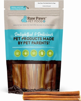 Raw Paws Thin Bully Sticks for Small Dogs, 6" (20 Pack) - Low Odor Bully Chews for Puppies - Free-Range Pizzle Sticks for Dogs - Single Ingredient Dog Chews - Rawhide Alternative - Long Lasting