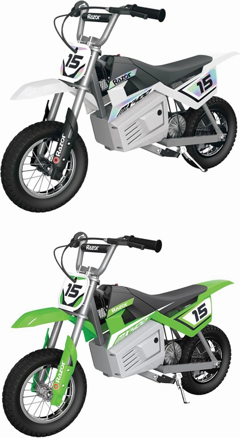 Razor MX400 Dirt Rocket 24V Ride On High-Torque Electric Motocross Motorcycle Toy Dirt Bikes, Speeds up to 14 MPH, for Ages 13 , 1 White & 1 Green