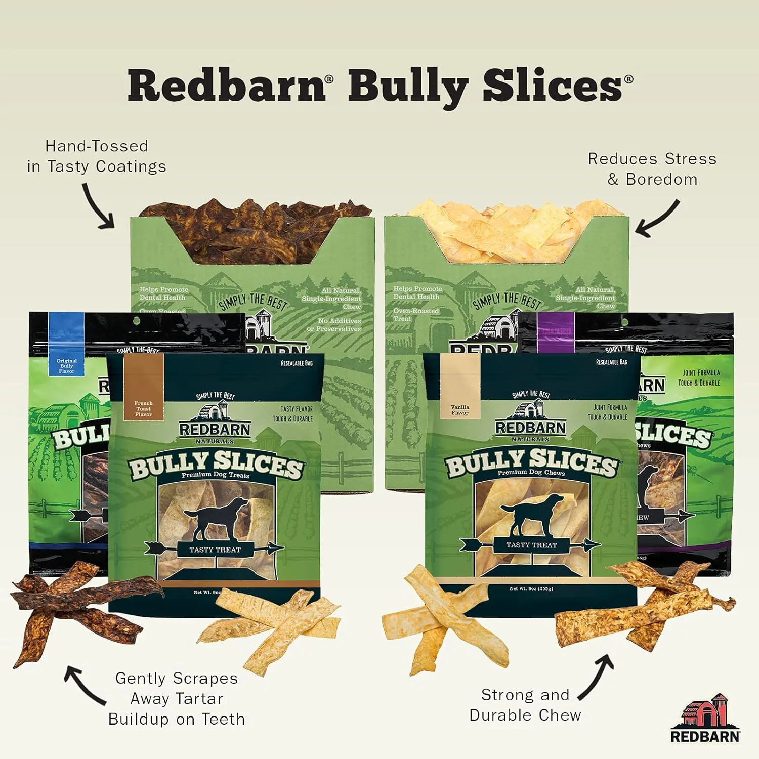 Redbarn Bully Slices for Dogs, Highly Palatable, Long-Lasting Natural Dental Treats with Functional Ingredients, 9 oz. (Pack of 3) - Peanut Butter