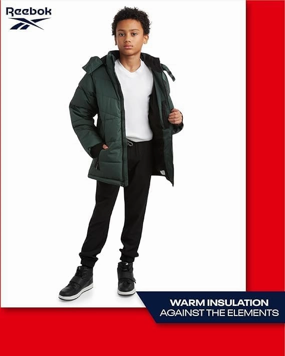 Reebok Boys Puffer Jacket - Heavyweight Weather Resistant Quilted Jacket for Boys - Fleece Insulated Winter Jackets with Hood