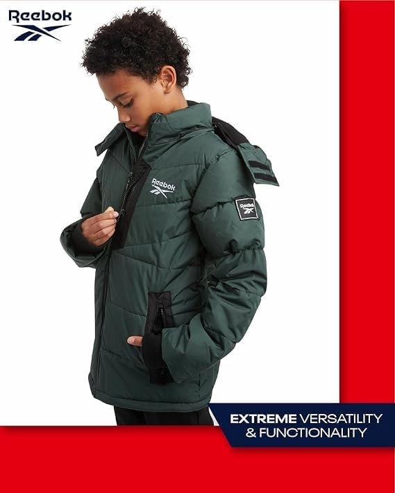 Reebok Boys Puffer Jacket - Heavyweight Weather Resistant Quilted Jacket for Boys - Fleece Insulated Winter Jackets with Hood