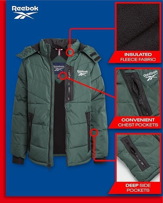 Reebok Boys Puffer Jacket - Heavyweight Weather Resistant Quilted Jacket for Boys - Fleece Insulated Winter Jackets with Hood