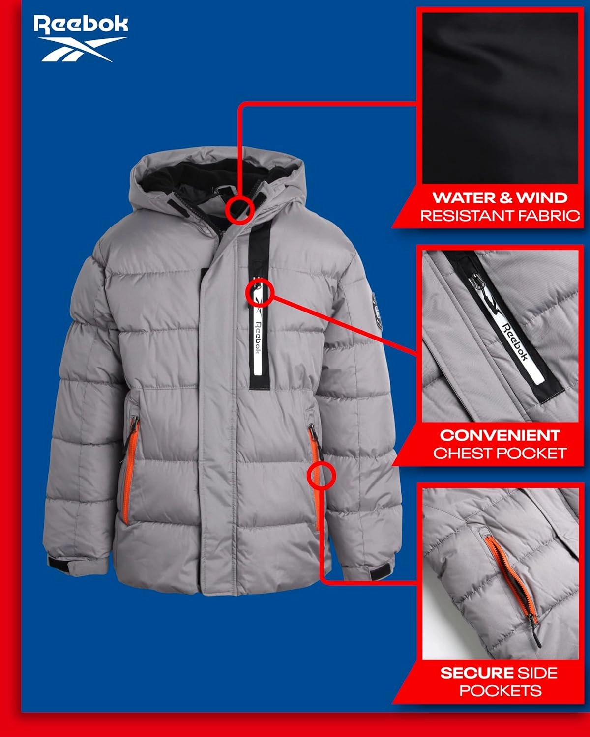 Reebok Boys Puffer Jacket - Heavyweight Weather Resistant Quilted Jacket for Boys - Fleece Insulated Winter Jackets with Hood