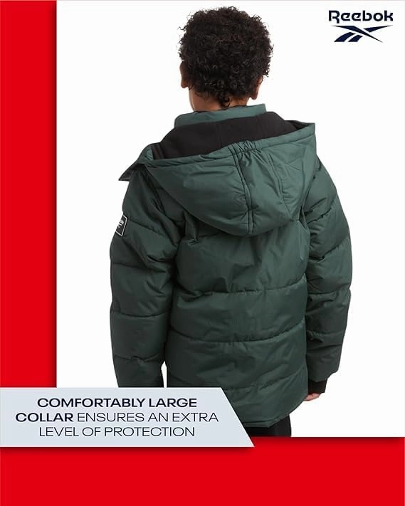 Reebok Boys Puffer Jacket - Heavyweight Weather Resistant Quilted Jacket for Boys - Fleece Insulated Winter Jackets with Hood