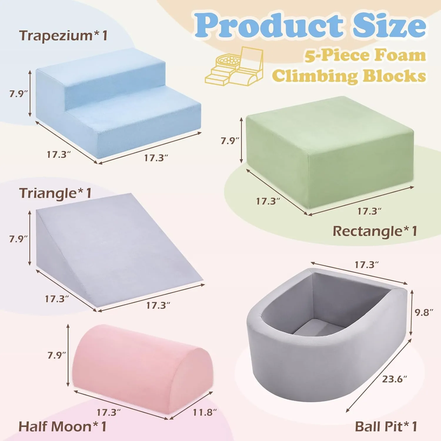 RELIANCER 5PCS Toddler Climbing Toys with Ball Pit,Climb & Crawl Foam Block Play Set,Kids Modular Foam Climbing Blocks,Interactive Soft Building Blocks Toy Set,Indoor Children Climb and Slide Game Set