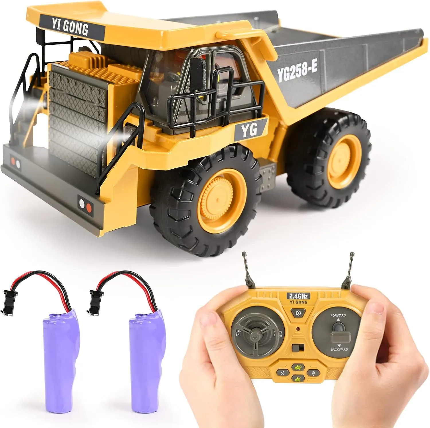Remote Control Dump Truck Toys 9 Channel 2 Batteries RC Construction Toy Vehicles with Metal Bed Lights/Sounds, Birthday Gifts for Boys Age 3 