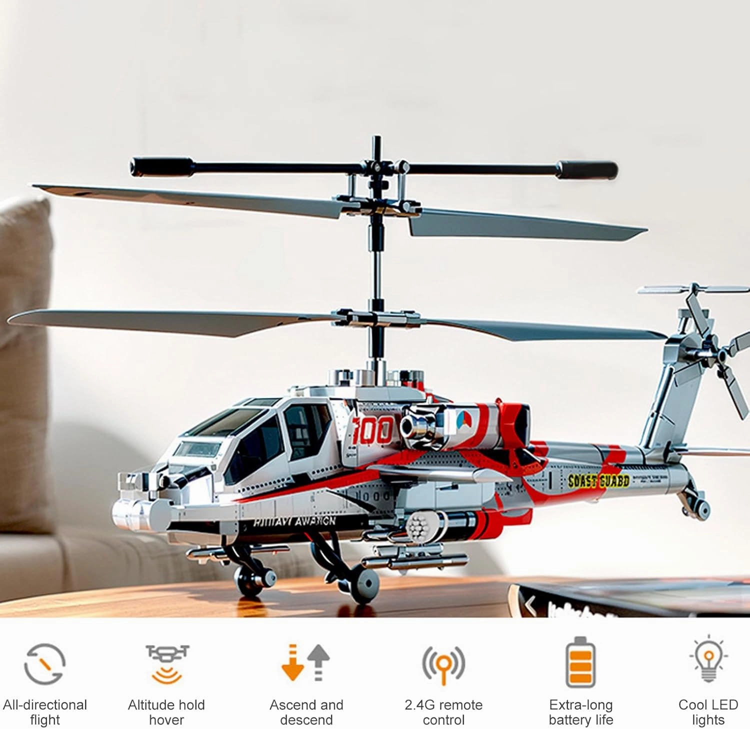 Remote Control Helicopter, 2.4GHz 3.5 Channel RC Helicopter with LED Lights, Altitude Hold, One-Key Take Off/Landing, Simulation Military Army Helicopter Toys Gifts for Kids Adults