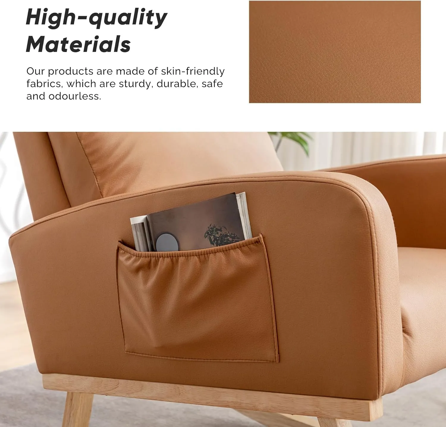 Rocking Chair Nursery, Uplostered Leather Rocker Nursing Chairs with Wood Legs and Side Pocket, Comfortable Glider Roking Chair for Nursery, Living Room, Bedroom,Teddy, Leather Brown
