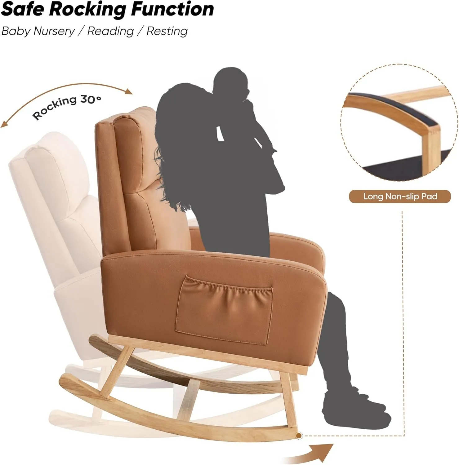Rocking Chair Nursery, Uplostered Leather Rocker Nursing Chairs with Wood Legs and Side Pocket, Comfortable Glider Roking Chair for Nursery, Living Room, Bedroom,Teddy, Leather Brown