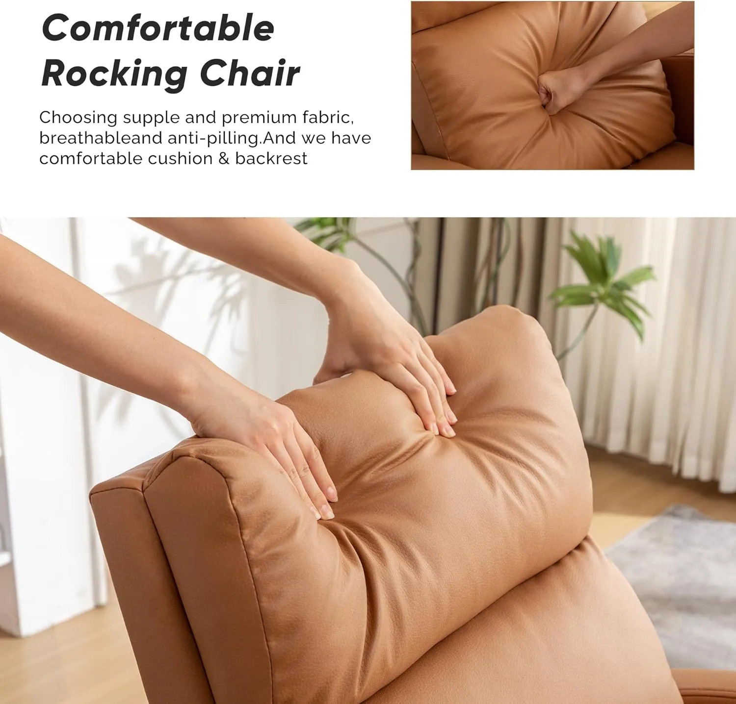 Rocking Chair Nursery, Uplostered Leather Rocker Nursing Chairs with Wood Legs and Side Pocket, Comfortable Glider Roking Chair for Nursery, Living Room, Bedroom,Teddy, Leather Brown