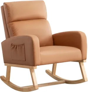 Rocking Chair Nursery, Uplostered Leather Rocker Nursing Chairs with Wood Legs and Side Pocket, Comfortable Glider Roking Chair for Nursery, Living Room, Bedroom,Teddy, Leather Brown