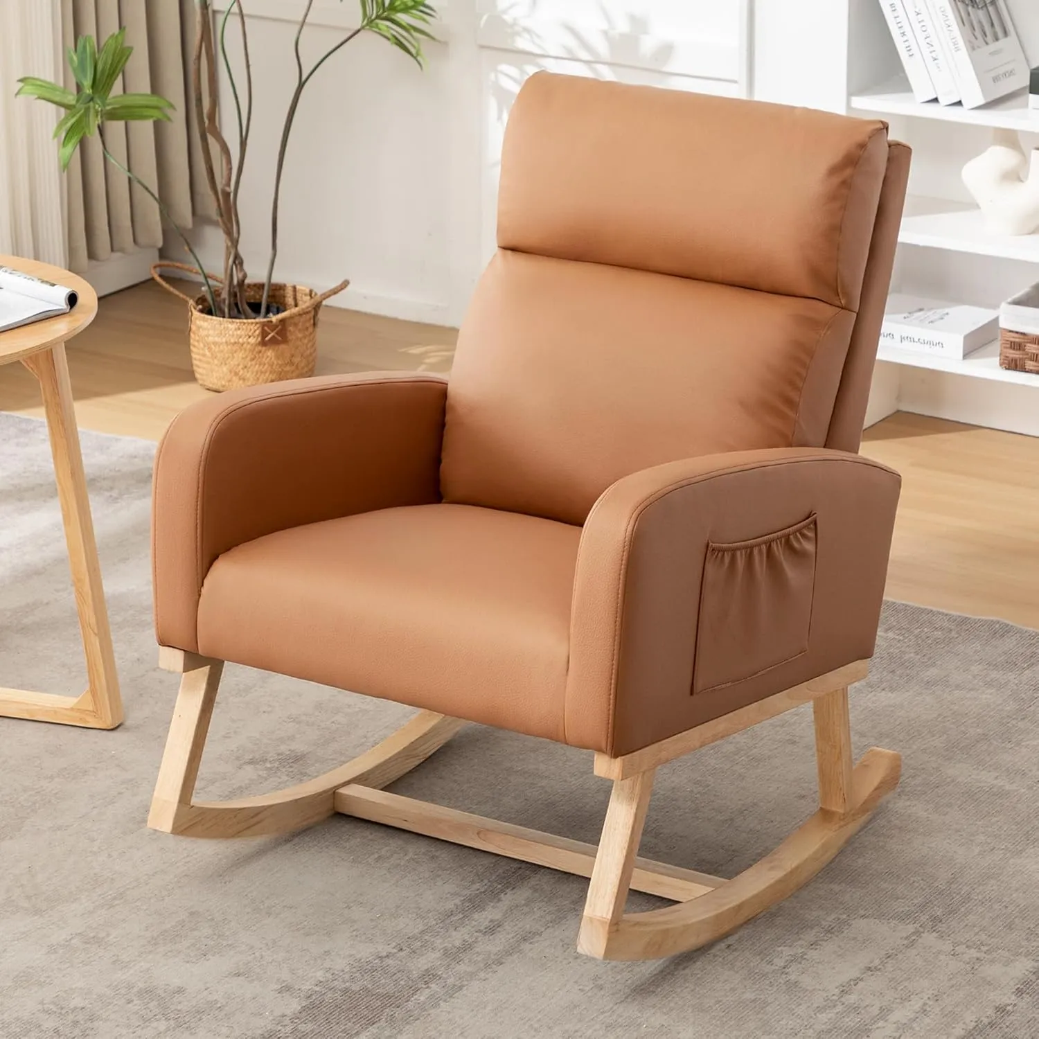Rocking Chair Nursery, Uplostered Leather Rocker Nursing Chairs with Wood Legs and Side Pocket, Comfortable Glider Roking Chair for Nursery, Living Room, Bedroom,Teddy, Leather Brown