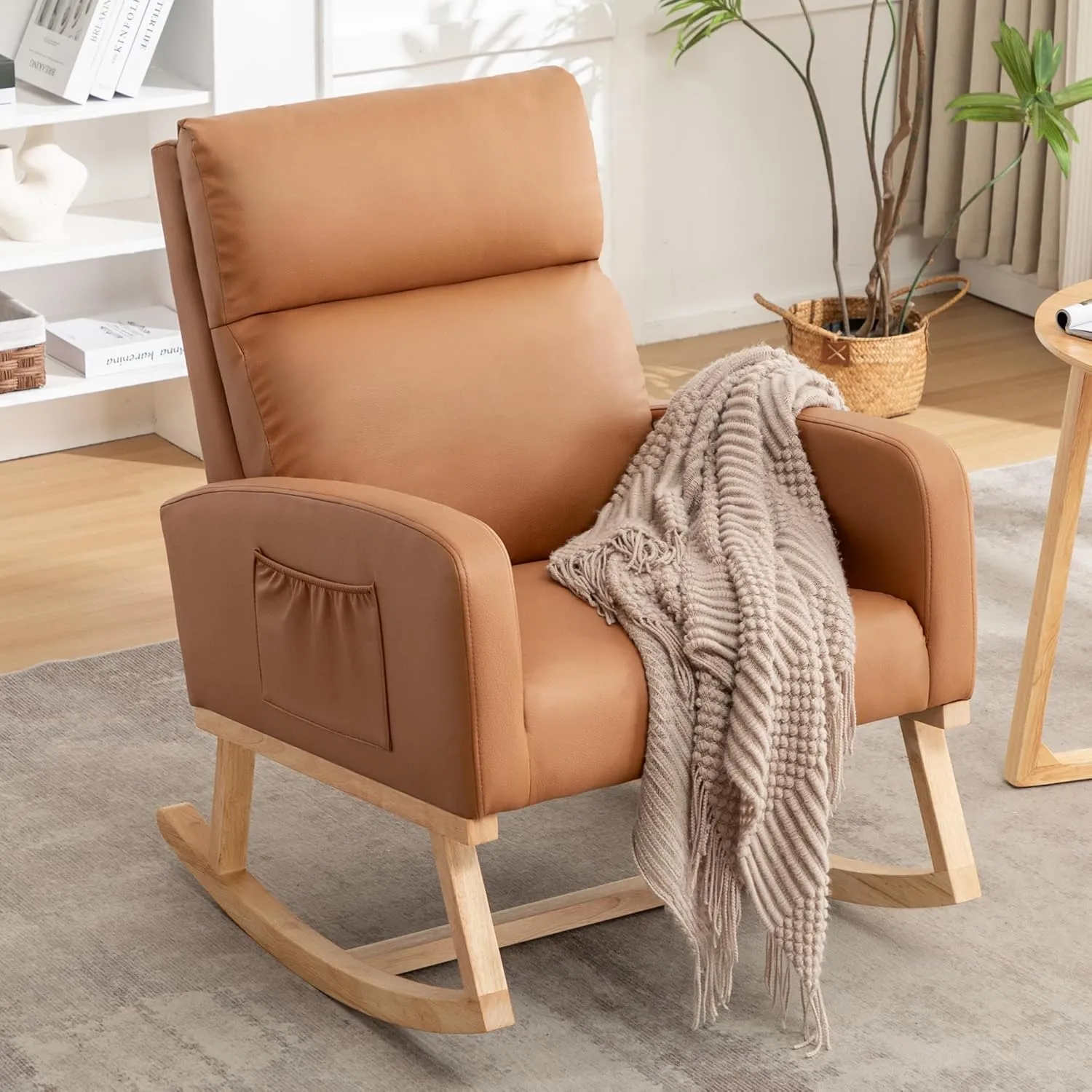 Rocking Chair Nursery, Uplostered Leather Rocker Nursing Chairs with Wood Legs and Side Pocket, Comfortable Glider Roking Chair for Nursery, Living Room, Bedroom,Teddy, Leather Brown
