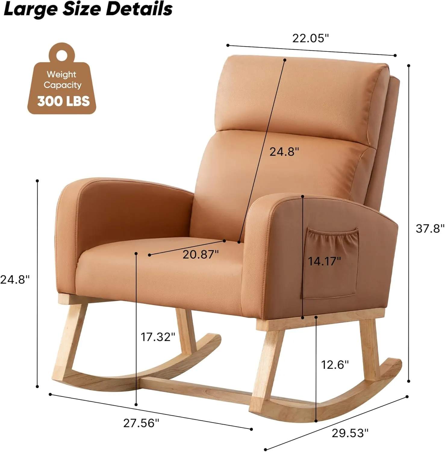 Rocking Chair Nursery, Uplostered Leather Rocker Nursing Chairs with Wood Legs and Side Pocket, Comfortable Glider Roking Chair for Nursery, Living Room, Bedroom,Teddy, Leather Brown