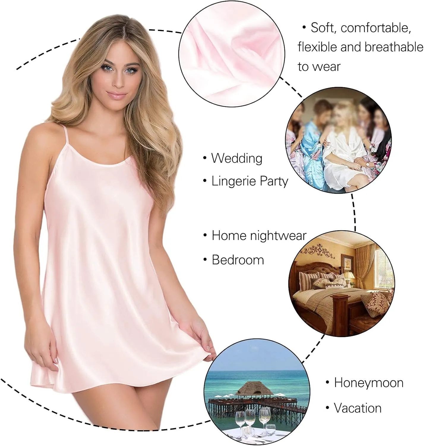 RSLOVE Satin Lingerie for Women Chemises Nightgown Sexy Sleepwear Mini Slip Short Silk Nightwear