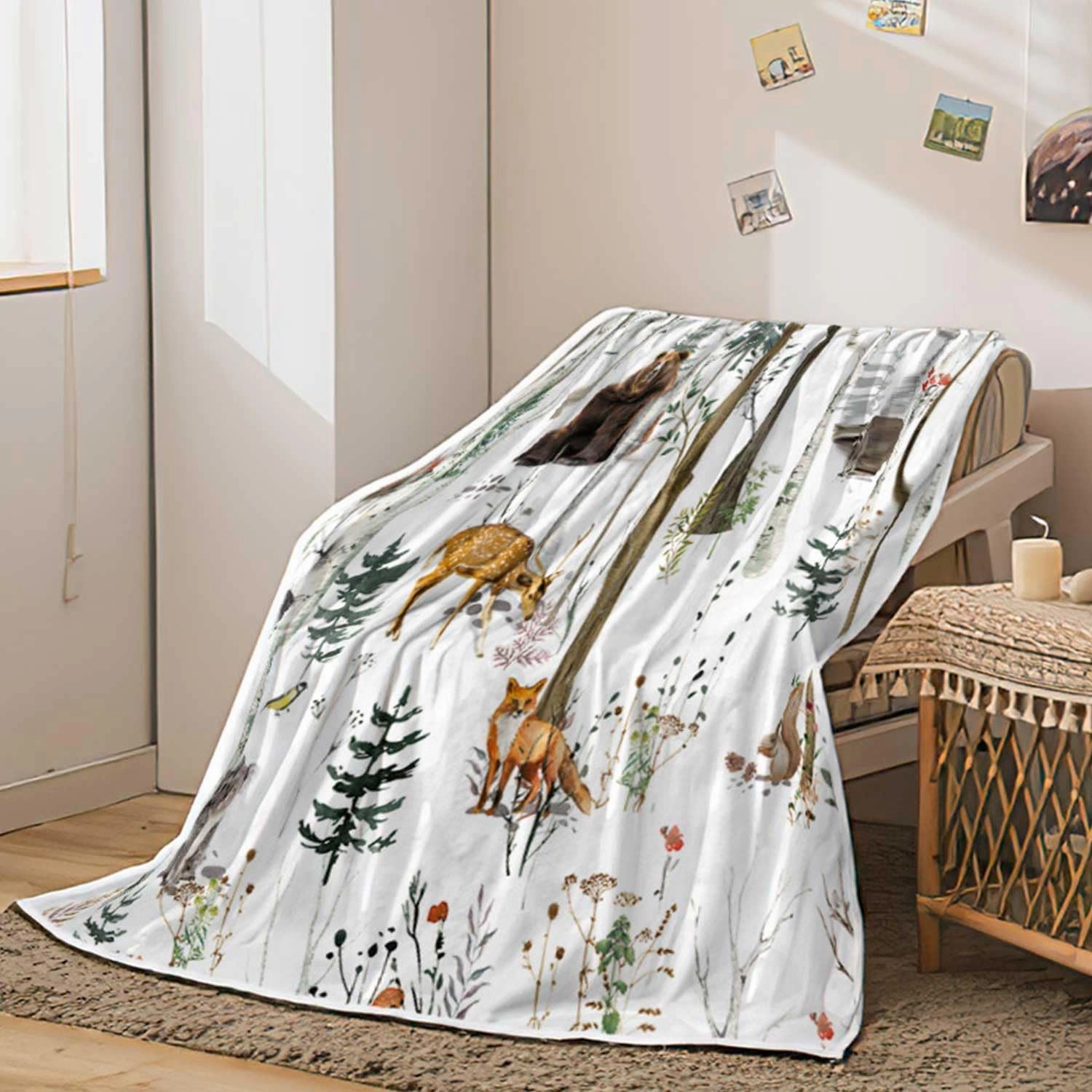 Rustic Forest Throw Blanket, Country Hunting Bear Deer Wild Animals Farmhouse Lodge Cabin Throw Blankets, Cozy Warm Soft Flannel Throws and Blankets for Bed Couch Camping Travel 50x60 Inch