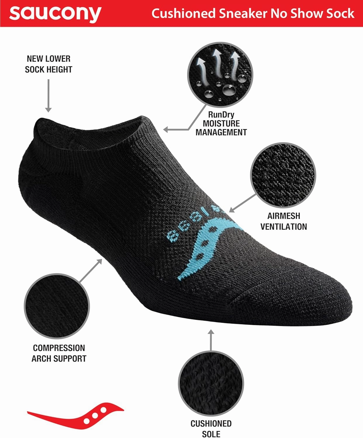 Saucony Men's Rundry Mesh Ventilating Comfort Fit Performance No-Show Socks, Available in M-XXL (6, 12, 18 Pairs)