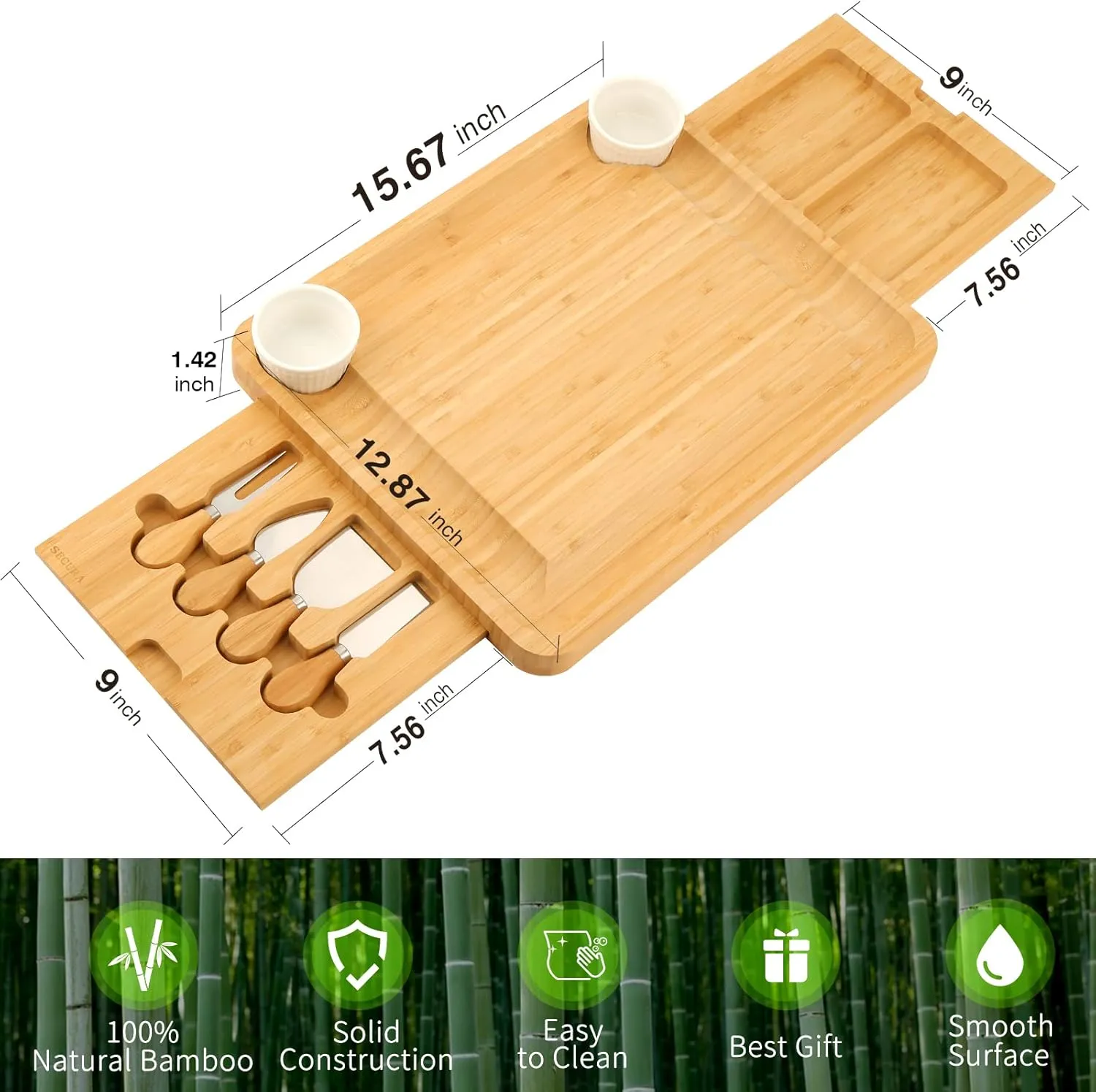 Secura Cheese Board Set, Bamboo Charcuterie Board Meat Platter Serving Tray and Knife Set with 2 Ceramic Bowls, Gift for Mother's Day Easter Thanksgiving Christmas Housewarming Wedding Anniversary