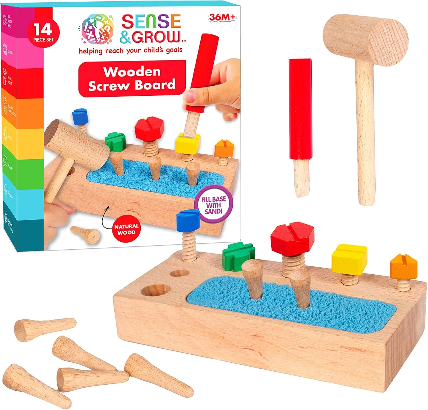 Sense & Grow Wooden Screw Toy - Montessori Wooden Screw Driver Board for Kids - 14pc Toddler Tools - Magnetic Sand Included - Montessori Materials Educational Tools for Toddlers Kids 3 