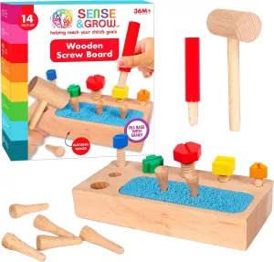 Sense & Grow Wooden Screw Toy - Montessori Wooden Screw Driver Board for Kids - 14pc Toddler Tools - Magnetic Sand Included - Montessori Materials Educational Tools for Toddlers Kids 3 