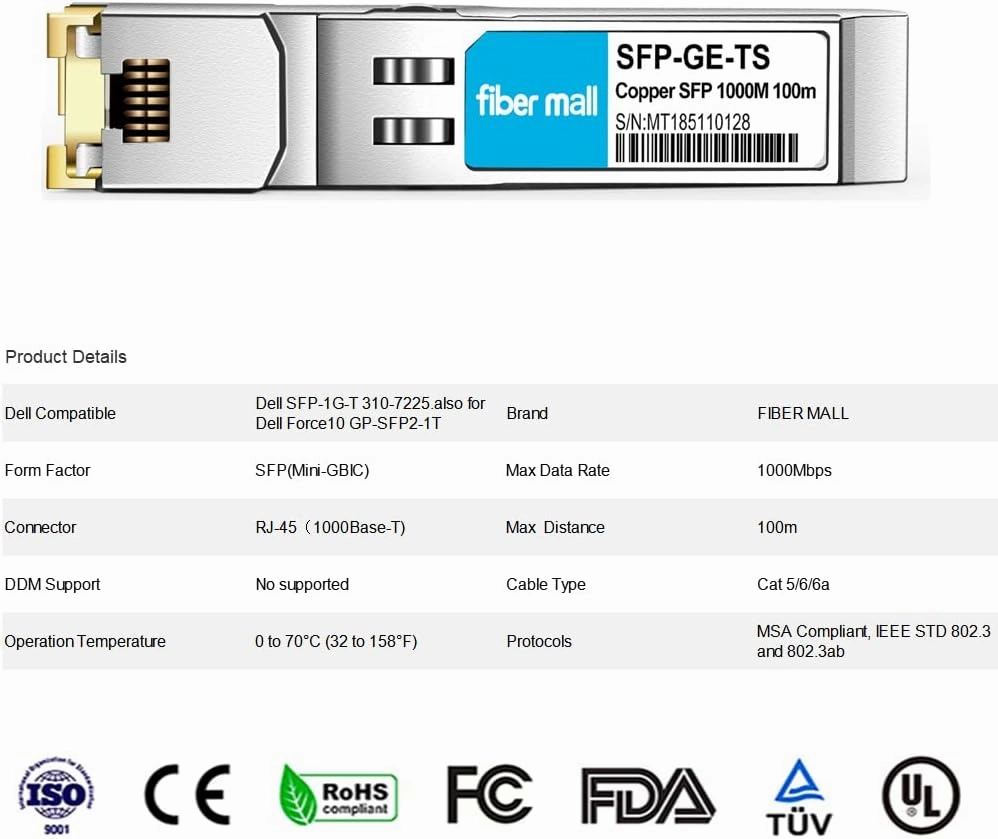 SFP to RJ45 for Dell Force10 GP-SFP2-1T Dell SFP-1G-T 310-7225 407-BBOS 1000BASE-T Mini GBIC SFP Copper RJ-45 100m Transceiver Module