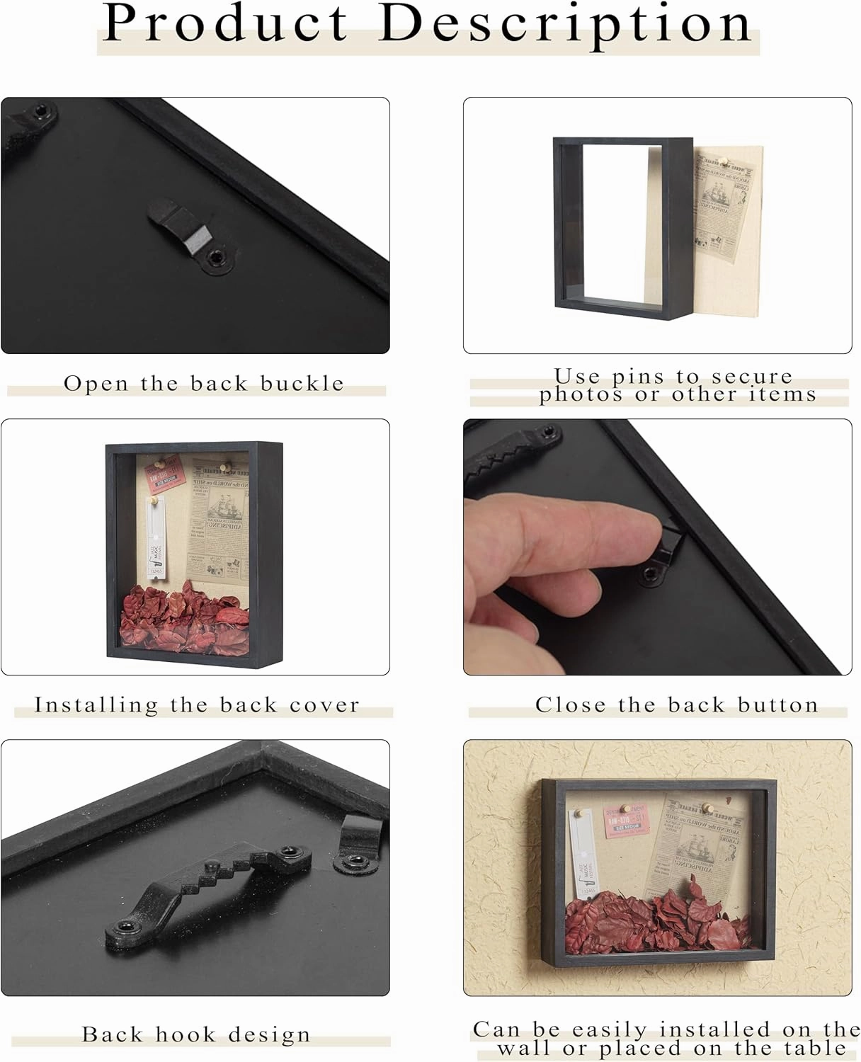 Shadow Box Frame 8x10 Shadow Box Display Case with Linen Back of Awards Memorabilia Flower, Pictures, Keepsakes、Bouquet、Medals and More Photos Memory Box Black