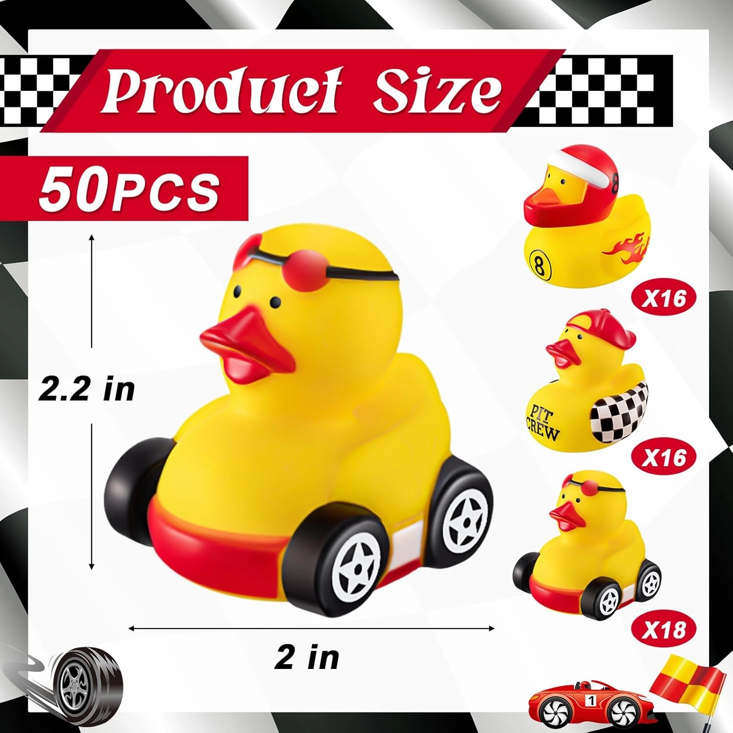 Shappy 50 Pieces Race Car Driver Rubber Duckies 2 Inch Mini Rubber Ducks for Kids Birthday Party Decorations Gift Classroom, 3 Designs