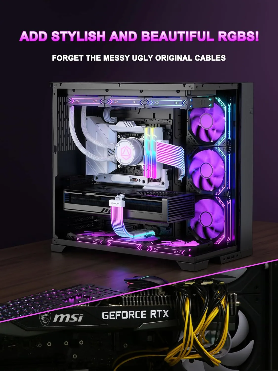 Sirlyr RGB 12VHPWR Cable Set,ARGB PSU Extension of Soft LED Strip Include 24Pin ATX,16 Pin to 2×8 Pin GPU Power Supply Cables for RTX 5090 5080 4080 PC Custom