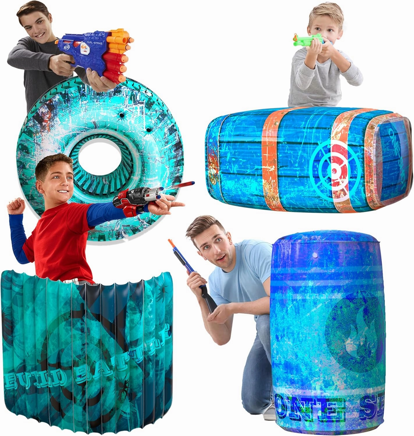 Skywin Inflatable Battle Bunkers - 4 Pieces Combat Obstacles Set for Play and Laser Tag (Blue)