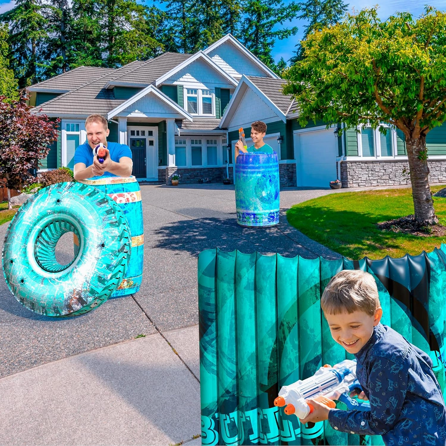 Skywin Inflatable Battle Bunkers - 4 Pieces Combat Obstacles Set for Play and Laser Tag (Blue)