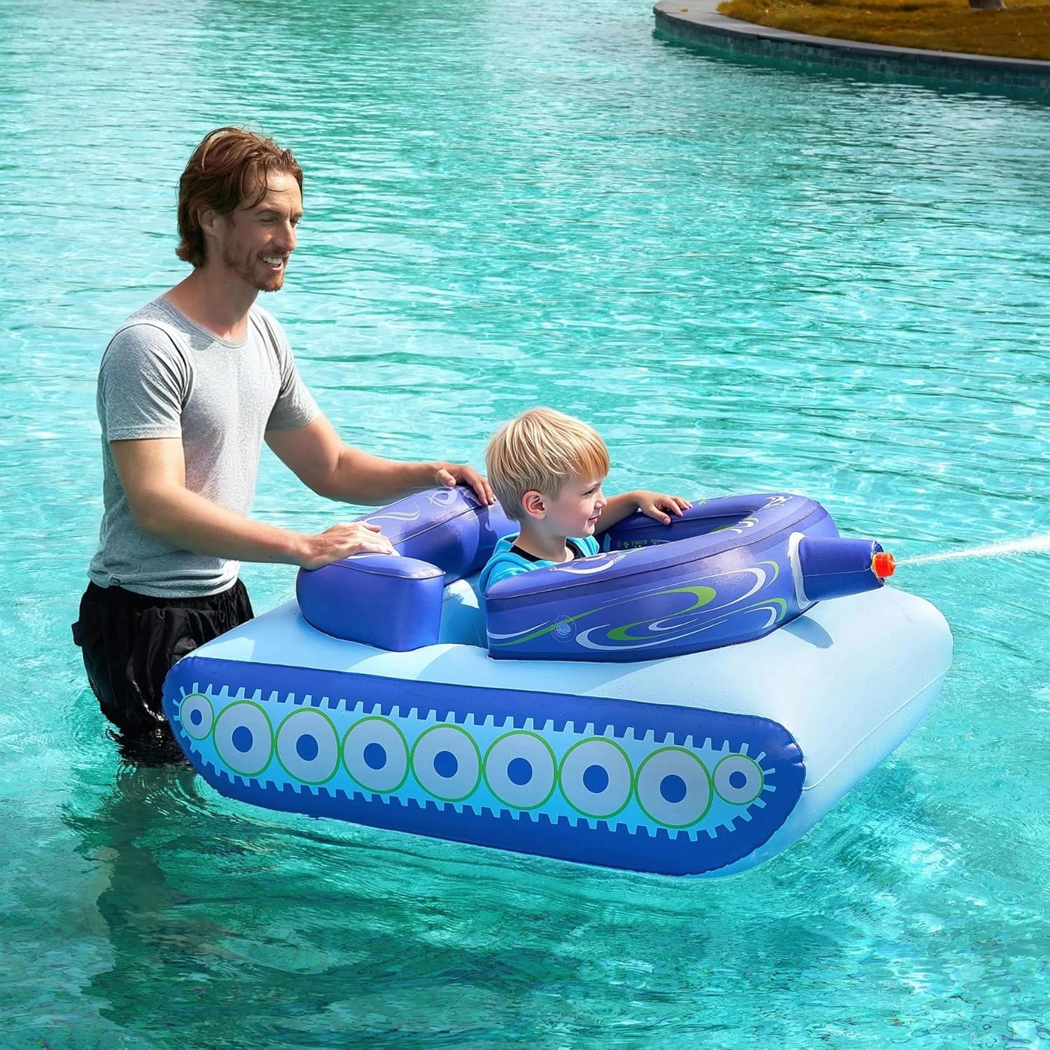 SLOOSH Inflatable Tank Pool Floats Kids, Pool Floaties Swimming Tank with Water Gun, Water Fight Toys, Inflatable Battle Fun for Summer