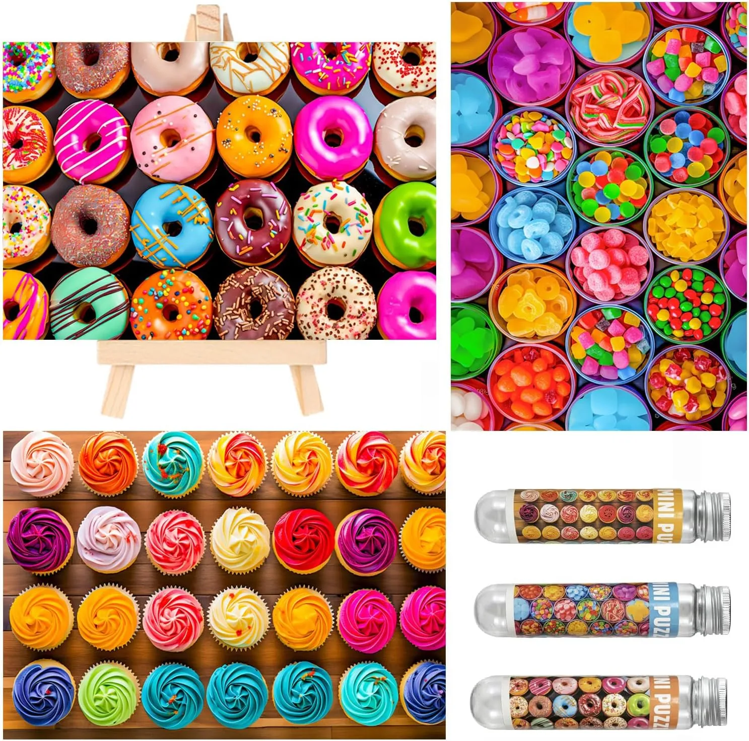 Small Jigsaw Puzzles for Adults 150 Pieces Vintage Candy Cupcake Donut Mini Jigsaw Puzzles Challenging Mini Puzzles Tiny Jigsaw Puzzles 6 x 4 Inches, 3 Pcs,Mini Easel Included