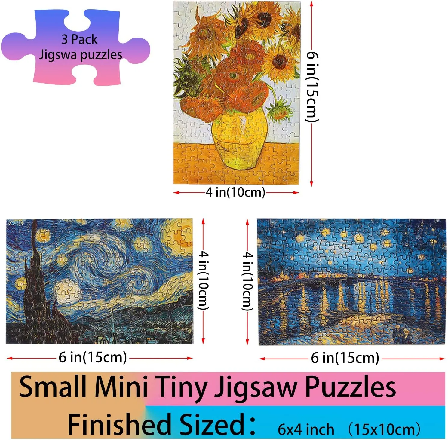 Small Jigsaw Puzzles for Adults Challenging Puzzle Small Puzzles Mini Jigsaw Puzzles for Adults 150 Pieces Starry Night Rhone River Sunflower 6 x 4 Inches,3 Pack,Mini Easel Included