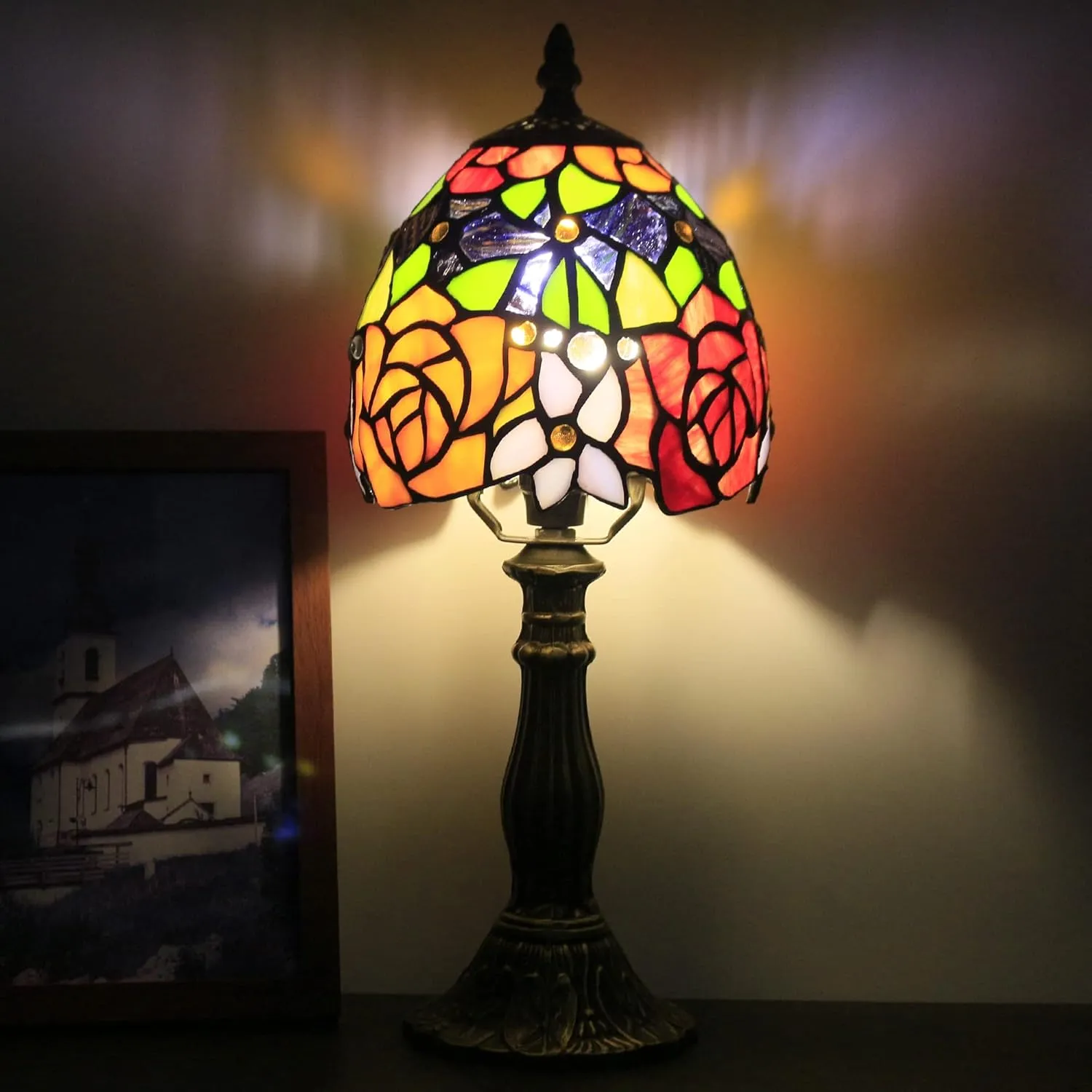 Small Tiffany Lamp Mini Accent Table Lamp Stained Glass Desk Memory Lamp Sympathy 6X14.6 Inch (Red Yellow Rose Style)