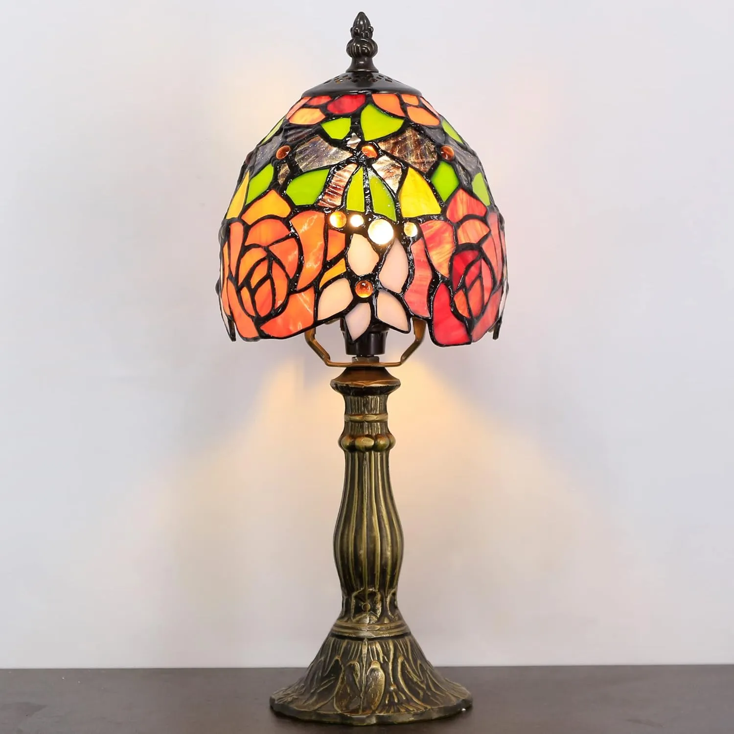 Small Tiffany Lamp Mini Accent Table Lamp Stained Glass Desk Memory Lamp Sympathy 6X14.6 Inch (Red Yellow Rose Style)