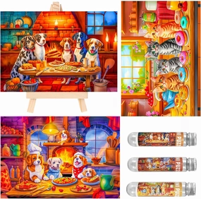 Small Jigsaw Puzzles for Adults 150 Pieces Kitchen Puppy & Kitten Mini Jigsaw Puzzles Challenging 6 x 4 Inches, 3 Pcs,Mini Easel Included