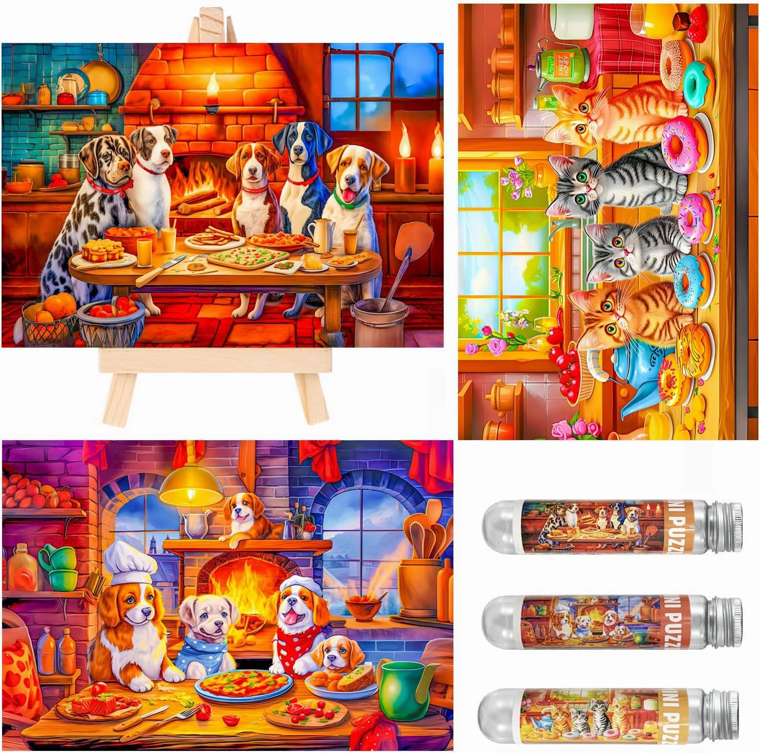 Small Jigsaw Puzzles for Adults 150 Pieces Kitchen Puppy & Kitten Mini Jigsaw Puzzles Challenging 6 x 4 Inches, 3 Pcs,Mini Easel Included