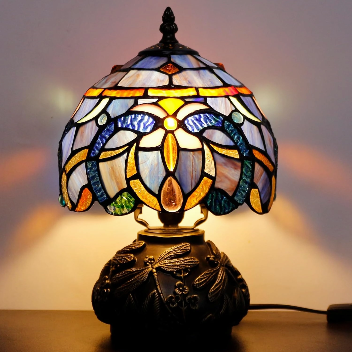Small Tiffany Lamp Mini Stained Glass Table Lamp Blue Purple Cloudy Style Mushroom Desk Light Memory Sympathy Lamp 8X11 Inch