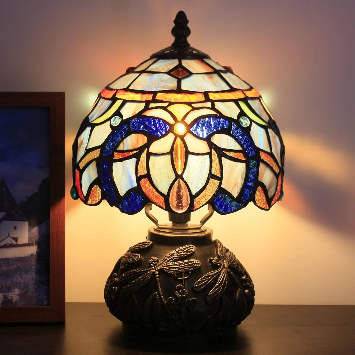 Small Tiffany Lamp Mini Stained Glass Table Lamp Blue Purple Cloudy Style Mushroom Desk Light Memory Sympathy Lamp 8X11 Inch
