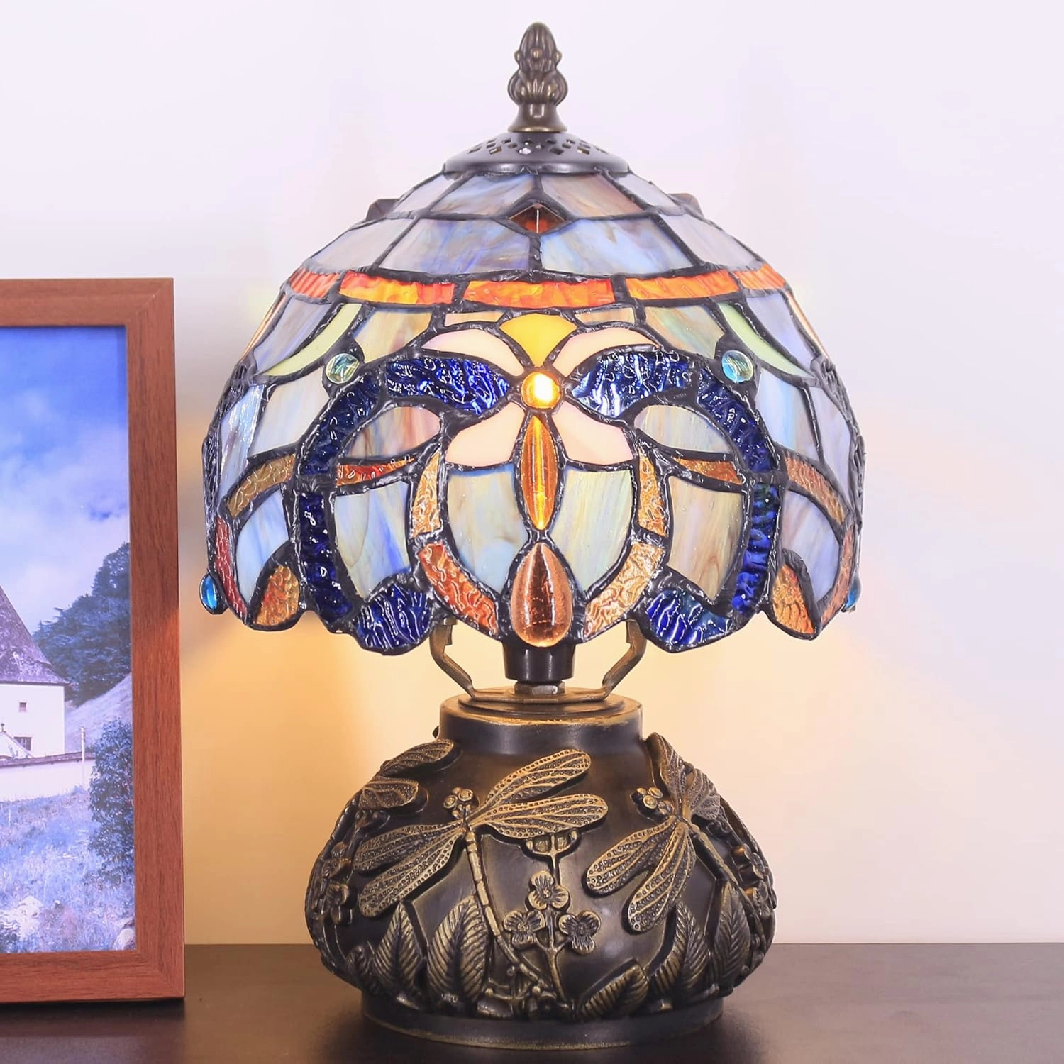 Small Tiffany Lamp Mini Stained Glass Table Lamp Blue Purple Cloudy Style Mushroom Desk Light Memory Sympathy Lamp 8X11 Inch