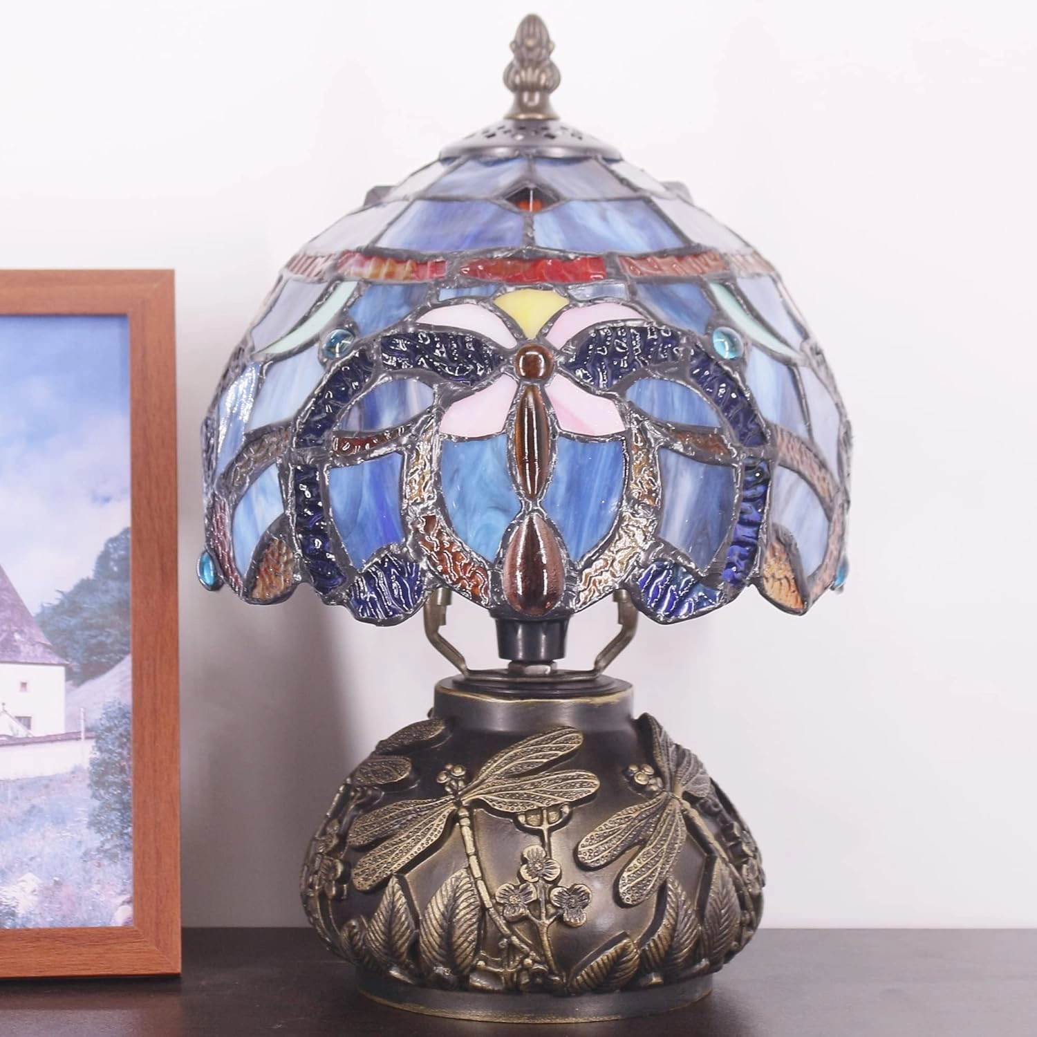 Small Tiffany Lamp Mini Stained Glass Table Lamp Blue Purple Cloudy Style Mushroom Desk Light Memory Sympathy Lamp 8X11 Inch