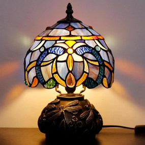 Small Tiffany Lamp Mini Stained Glass Table Lamp Blue Purple Cloudy Style Mushroom Desk Light Memory Sympathy Lamp 8X11 Inch