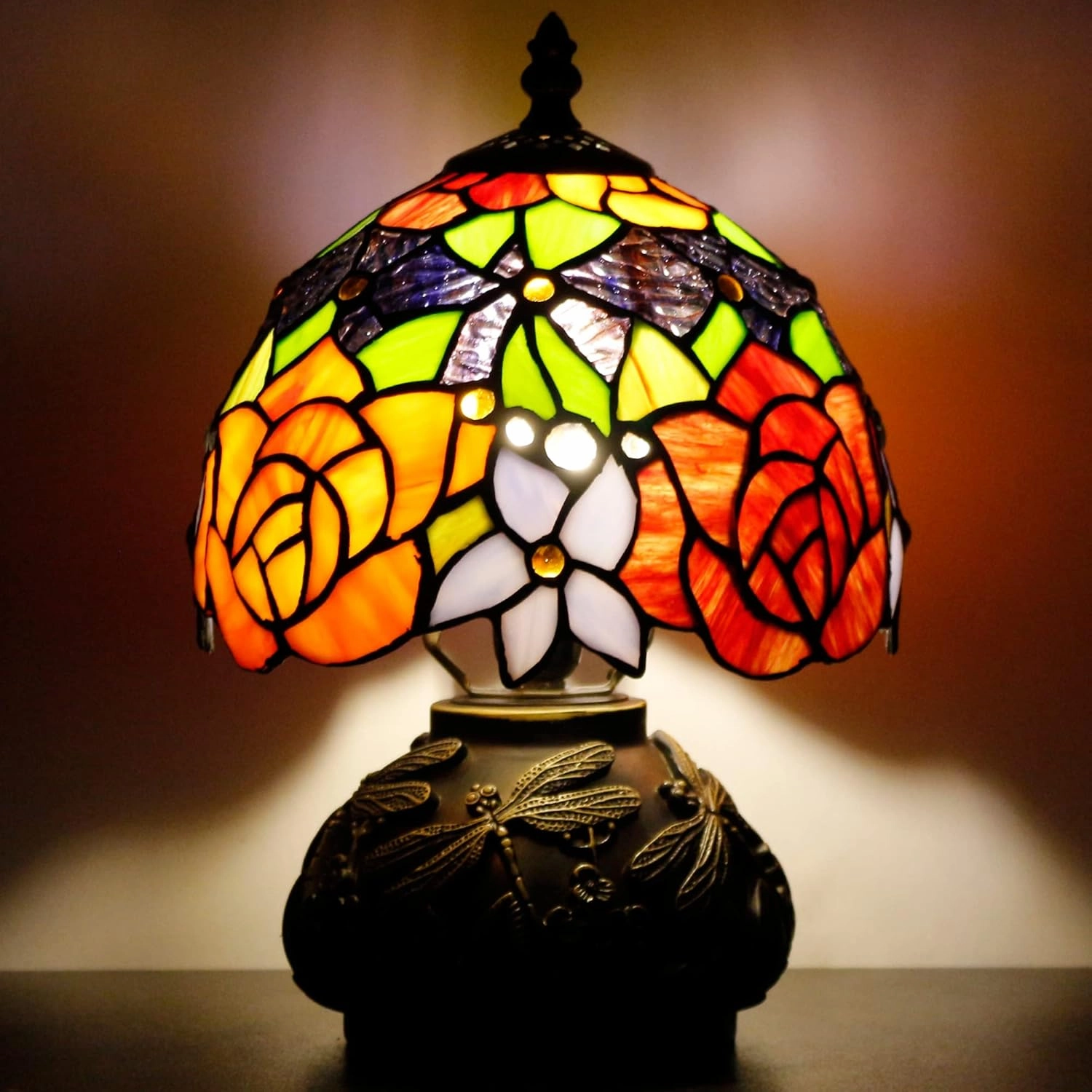Small Tiffany Lamp Mini Stained Glass Table Lamp Red Yellow Rose Style Mushroom Desk Light Memory Sympathy Lamp 8X11 Inch