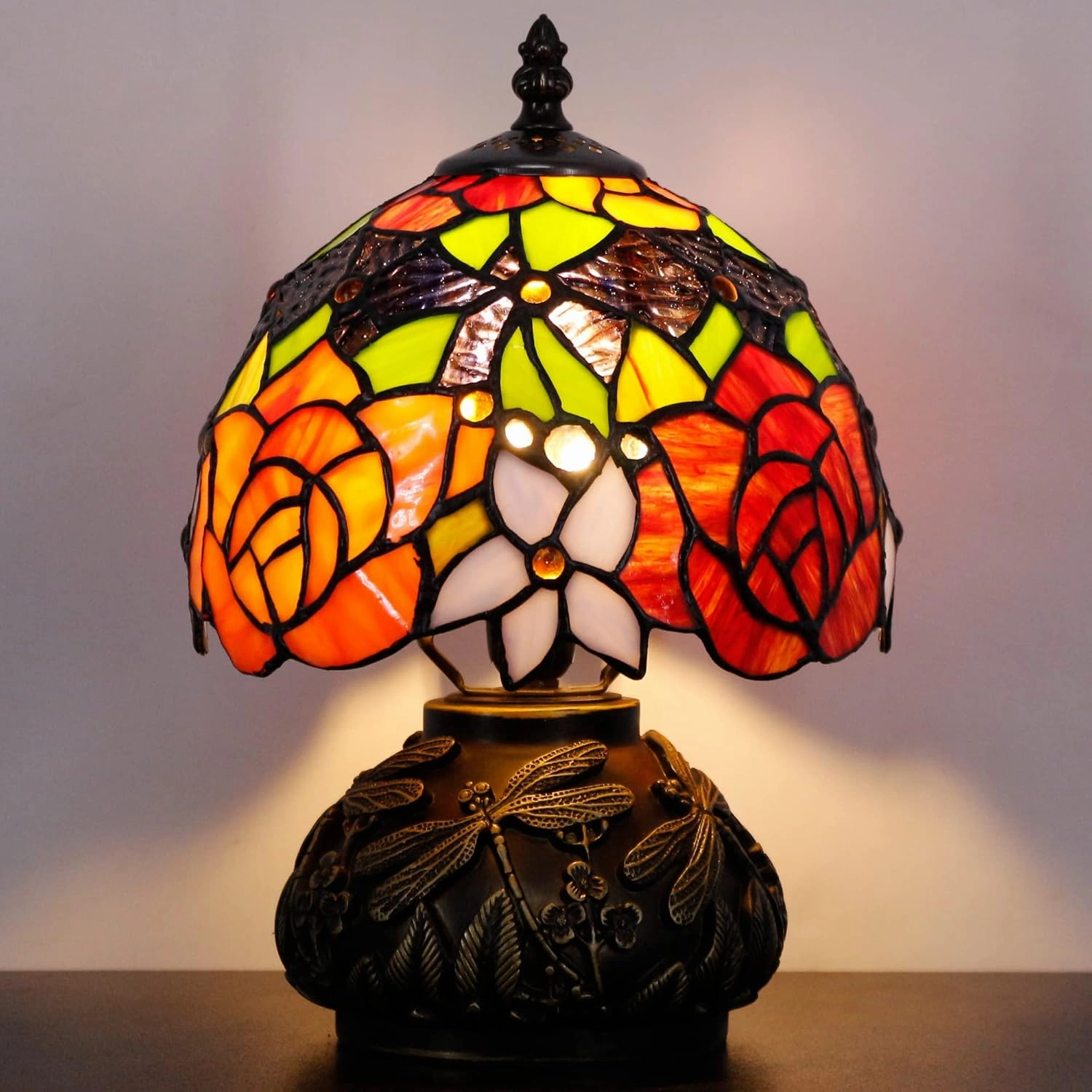 Small Tiffany Lamp Mini Stained Glass Table Lamp Red Yellow Rose Style Mushroom Desk Light Memory Sympathy Lamp 8X11 Inch