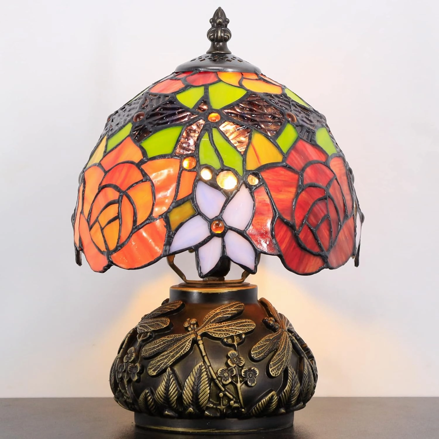 Small Tiffany Lamp Mini Stained Glass Table Lamp Red Yellow Rose Style Mushroom Desk Light Memory Sympathy Lamp 8X11 Inch