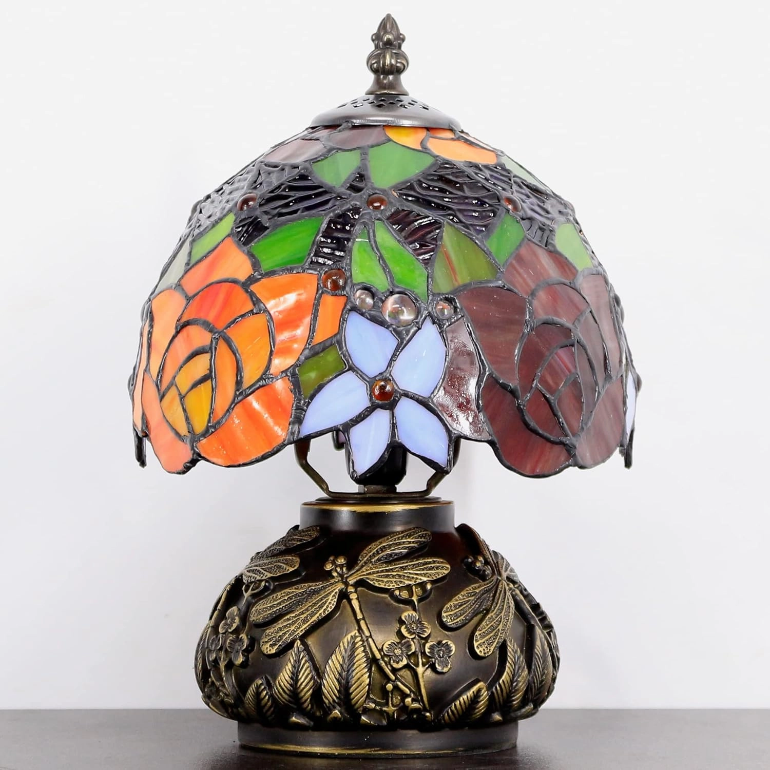 Small Tiffany Lamp Mini Stained Glass Table Lamp Red Yellow Rose Style Mushroom Desk Light Memory Sympathy Lamp 8X11 Inch