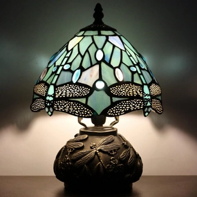Small Tiffany Lamp Mini Stained Glass Table Lamp Sea Blue Dragonfly Style Mushroom Desk Light Memory Sympathy Lamp 8X11 Inch
