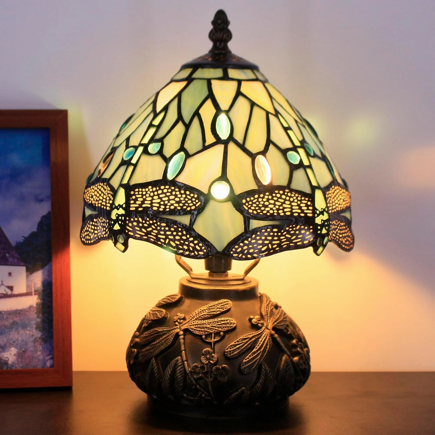 Small Tiffany Lamp Mini Stained Glass Table Lamp Sea Blue Dragonfly Style Mushroom Desk Light Memory Sympathy Lamp 8X11 Inch